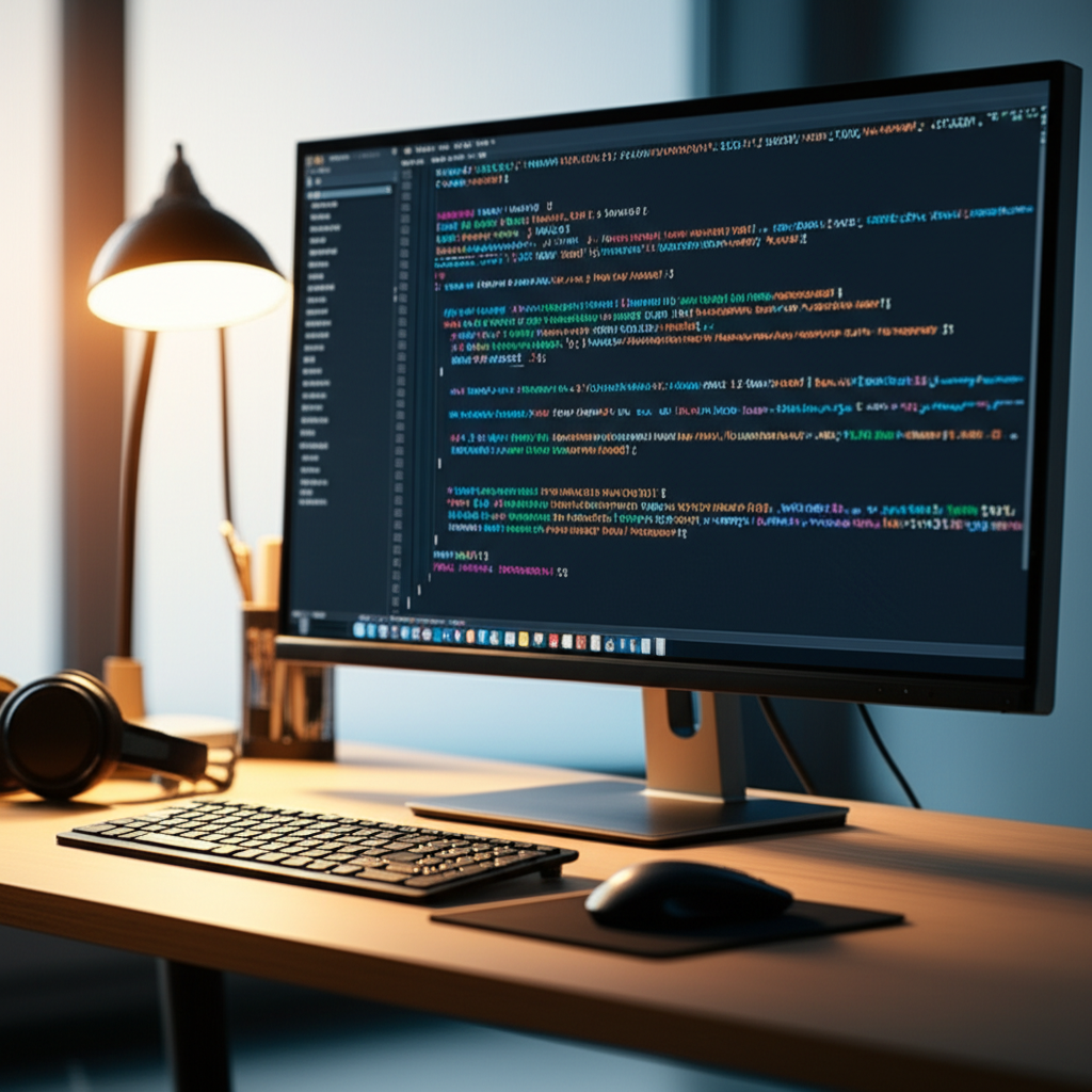 Modern developer desk with code on screen